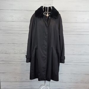 Vintage Trenchcoat Made In Italy Black With Faux Fur Collar Womens Size L